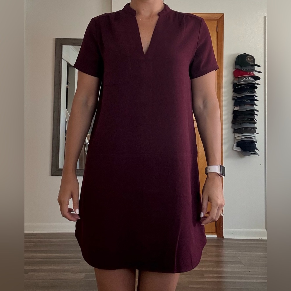 Lush Maroon V-Neck Shift Dress